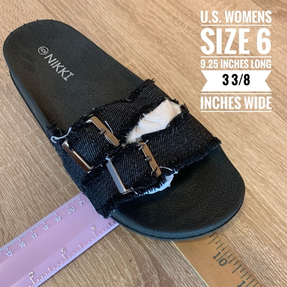 NIB Black Denim Double Buckle Slide Sandals | Women’s | Nikki | Frayed Strap - Picture 6 of 9